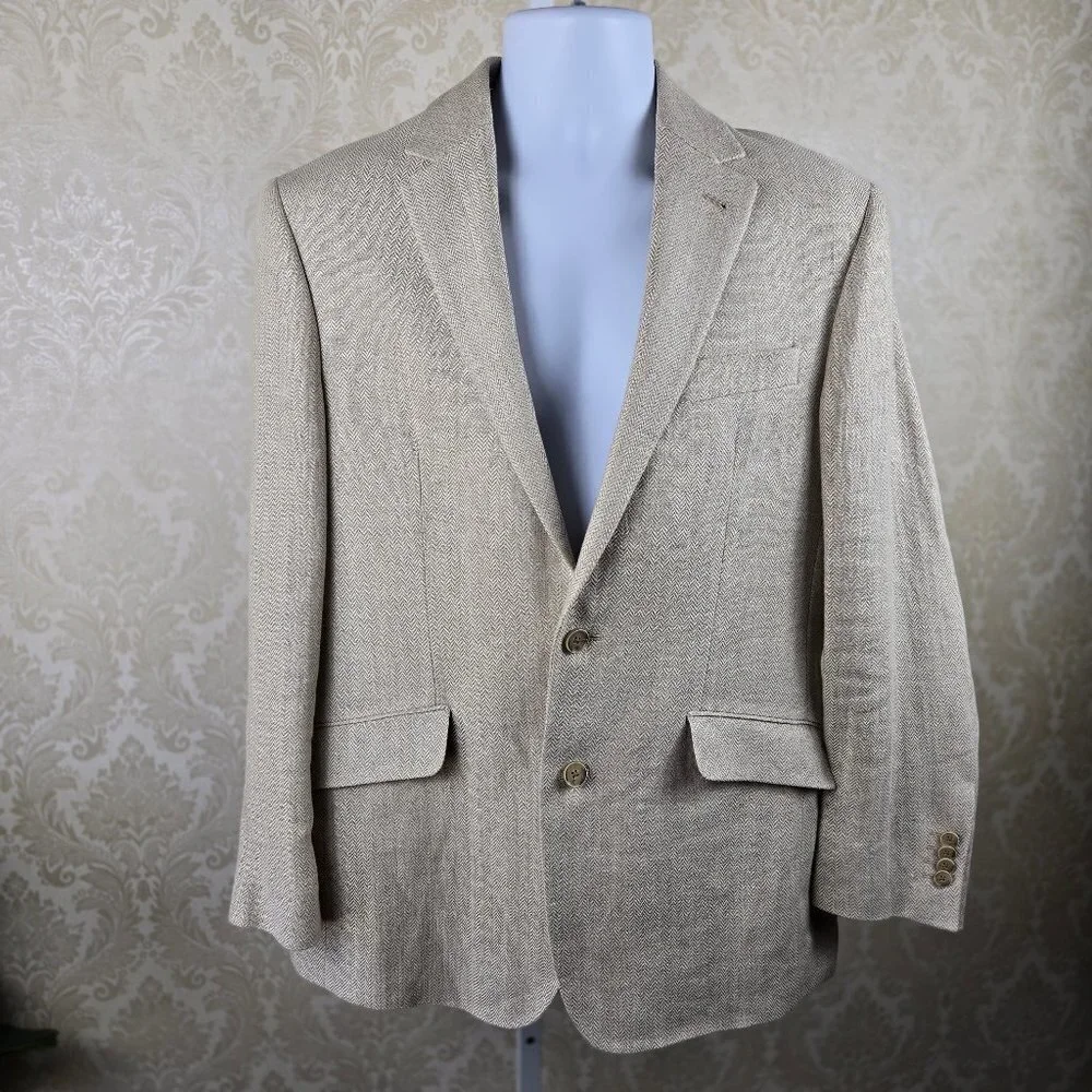 Joseph Abboud Sz 40 Regular 100% Linen Cream Colored Blazer 2 Button Herringbone